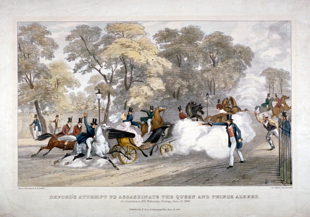 ビクトリア女王に対する暗殺未遂、コンスティチューション ヒル、ウェストミンスター、ロンドン、1840 年 作： JRジョブビン