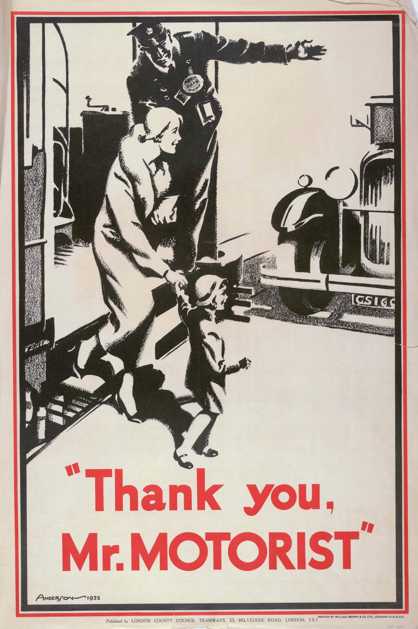 「Thank You Mr Motorist」、ロンドン カウンティ カウンシル LCC トラムウェイのポスター、1932 年 作： JSアンダーソン