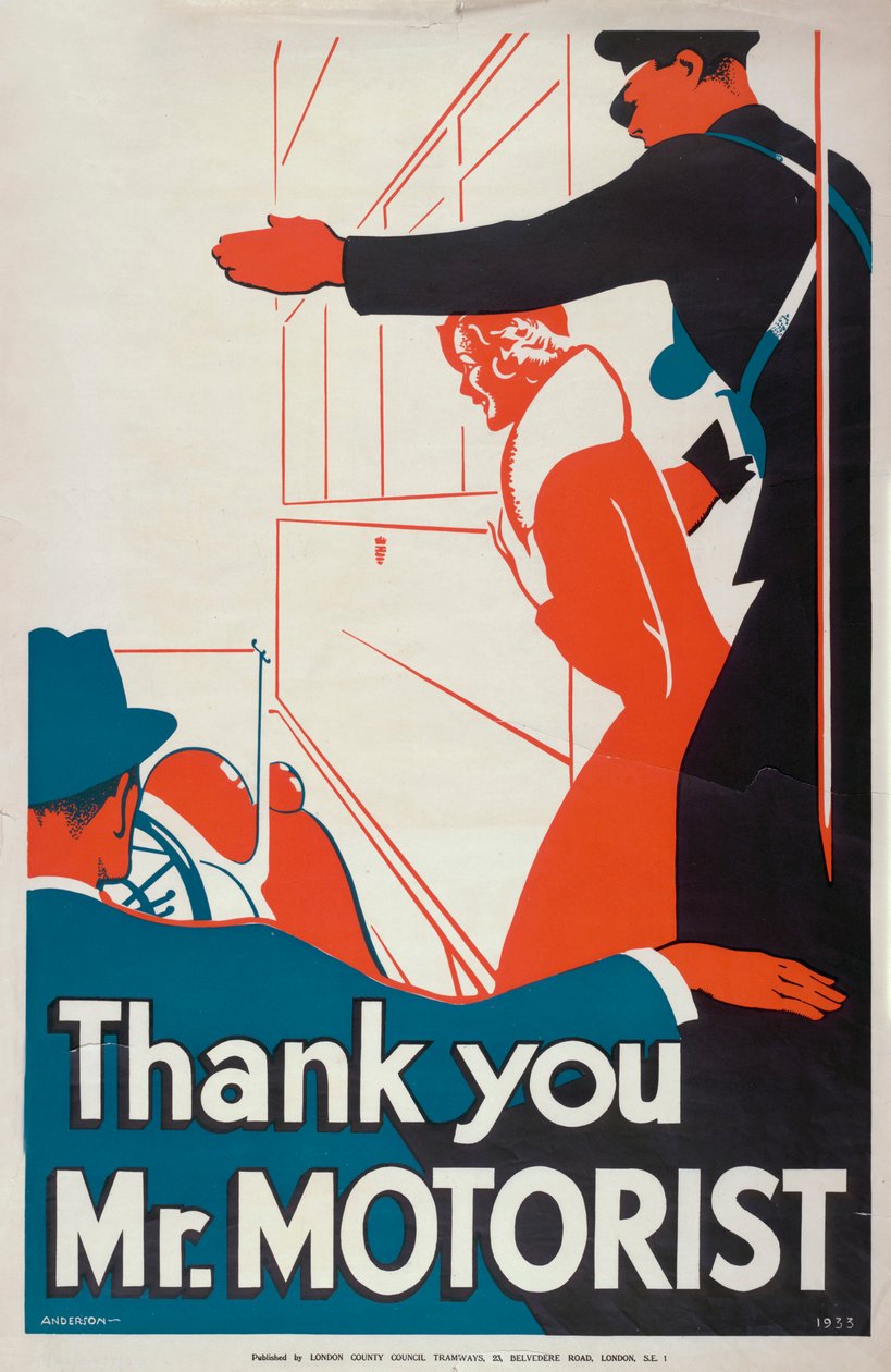 「Thank You Mr Motorist」、ロンドン カウンティ カウンシル LCC トラムウェイのポスター、1933 年 作： JSアンダーソン