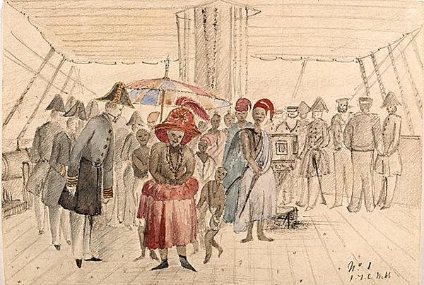 西アフリカの酋長が海軍の船に乗っている図 1850年頃（紙に水彩、鉛筆） 作： JTC Webb
