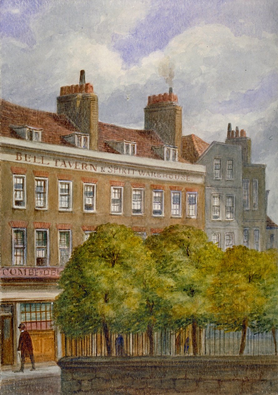 1870年、ロンドン市アルドゲートのチャーチ・ロウにあるベル・タバーンの眺め。                                   作： JTウィルソン