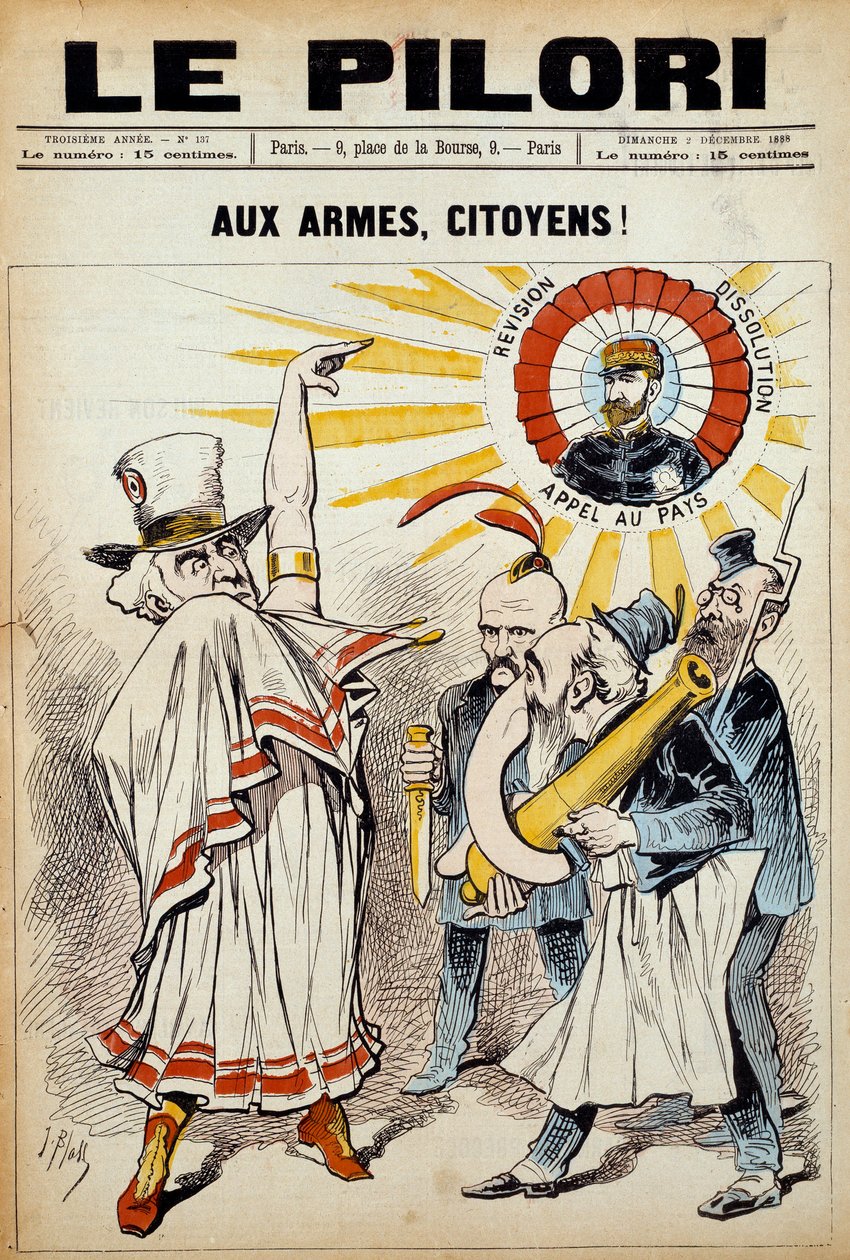 新聞「the pillory」の一つ。"市民の武器に！「1888年12月2日、ブーランジェ将軍に反対するデモの時のもの。イラストはJ.ブラス（Albert Douat dit）（1847-1892）によるもの。 作： J ペール