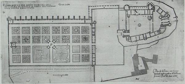 1570年代に出版された「フランスのプラス・ベル・バスティメント」に掲載されたガイヨン城と囲いのある庭園の平面図（エングレーヴィング 作： J.アンドルーエ・デュセルソー