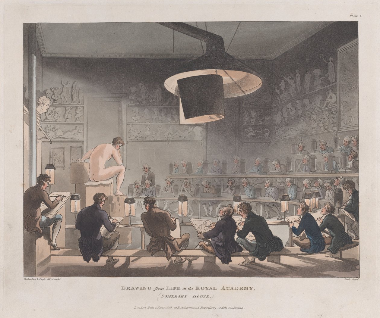 1808 年 1 月 1 日、サマセット ハウス、ロイヤル アカデミーでの生活からの描画., January 1, 1808. 作： J. Bluck