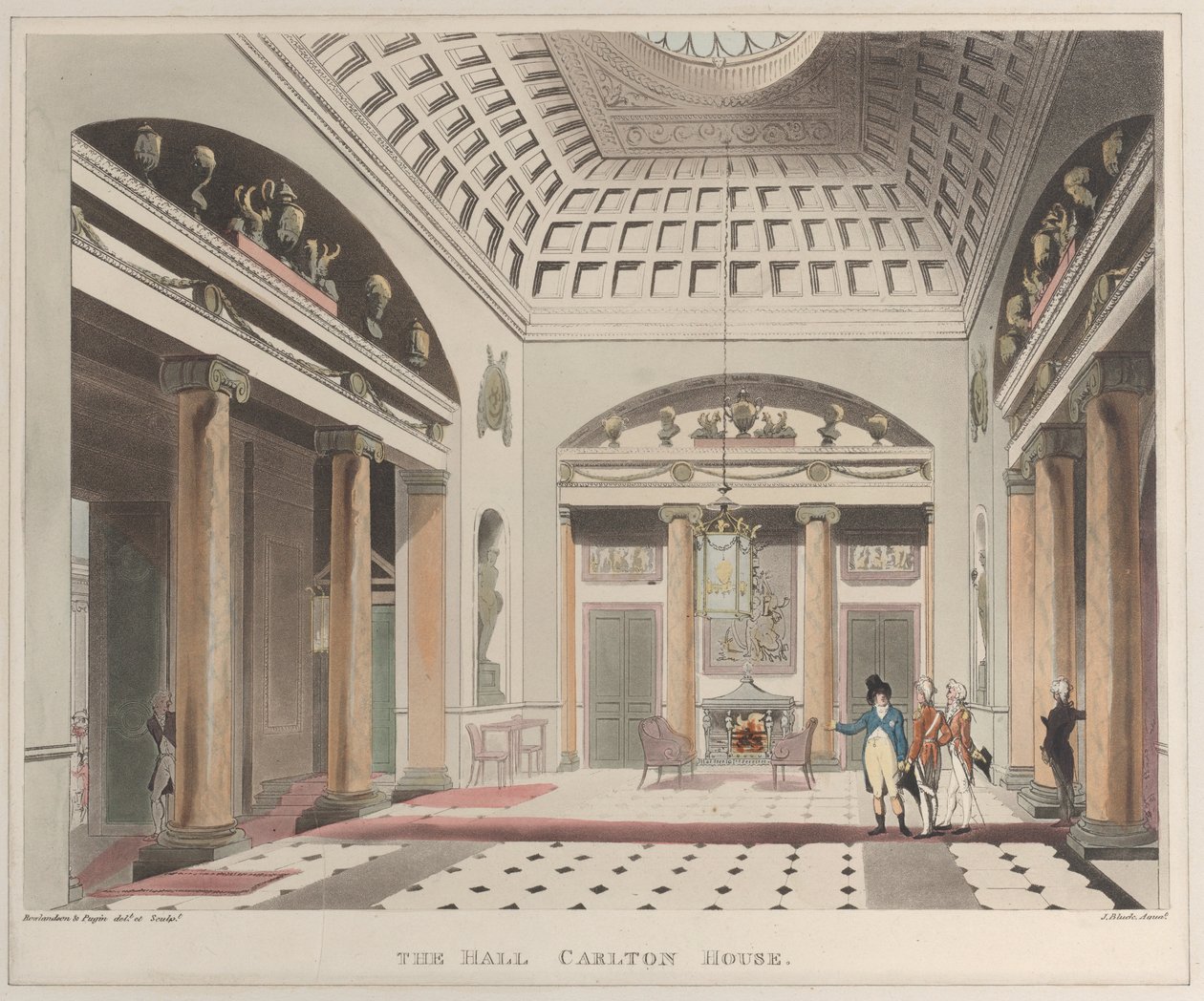 The Hall Carlton House Microcosm of London、プレート 15、1808 年 4 月 1 日、1808 年 4 月 1 日。 作： J. Bluck