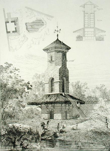 1880年頃に出版された「Constructions et Decorations pour Jardins」より、Chartrettesの家禽のためのシェルター（彫刻）。 作： J.ブサード