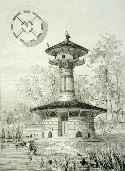 ポワシーの水鳥のための避難所、1880年頃出版の「Constructions et Decorations pour Jardins」より（エングレービング） 作： J.ブサード