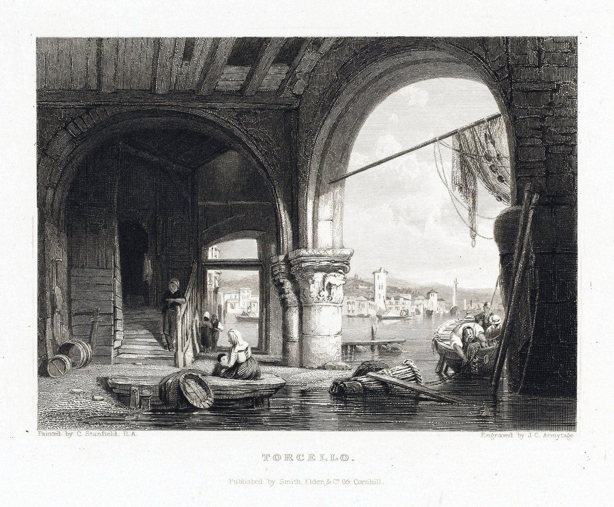 トルチェッロ島（ヴェネツィア、イタリア）の眺め。クラークソン・スタンフィールド（1793-1867）の後、ジェームズ・チャールズ・アーミテージ（1820-1897）によるエングレーヴィング。 作： JCアーミーデイズ