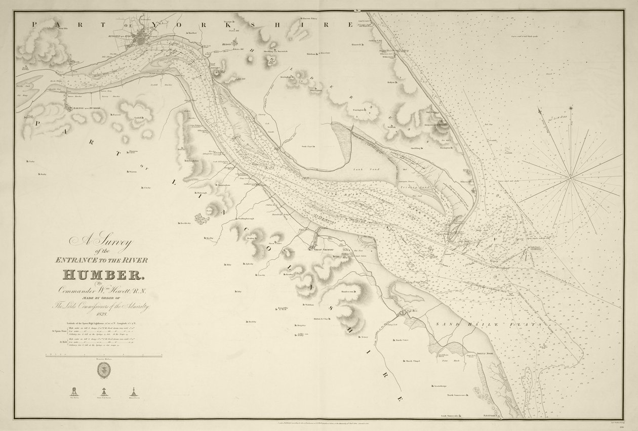1828年、海軍中佐ウィリアム・ヒューエットによるハンバー川入口の調査。 作： J. & C. ウォーカー