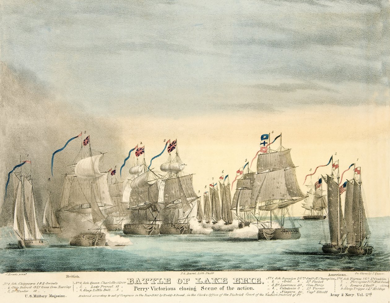 エリー湖の戦い。Perry Victorious closing scene of the Action from Army and Navy Magazine, pub.1840年（彩色済み彫刻 作： J.エヴァンズ
