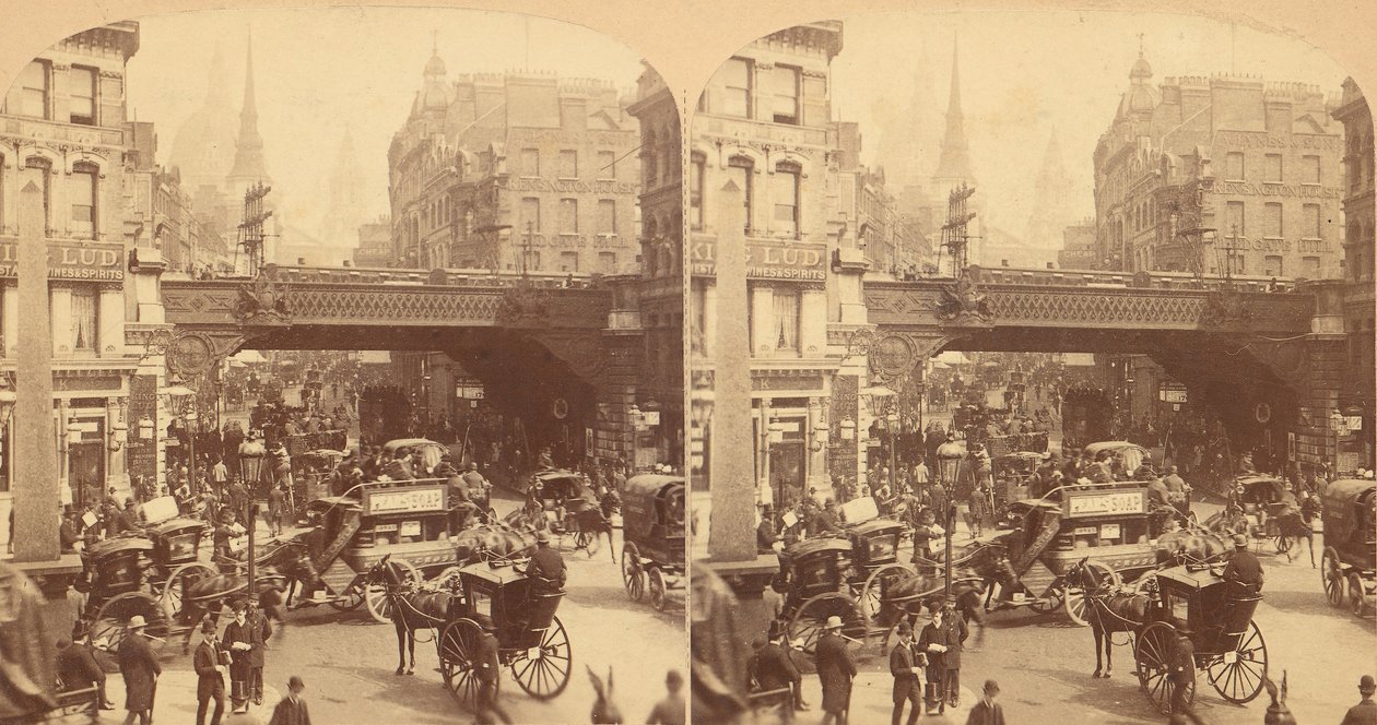 ラドゲート ヒル、ロンドン、イングランド、1850 年代から 1910 年代の 4 つの立体写真ビューのグループ。 作： JFジャービス