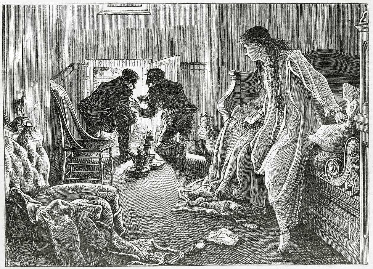 1872年3月23日、 『アップルトンズジャーナル』のスリラー犯罪物語「傷跡の物語」のイラストを枕元から非常に柔らかく上げ、枕の下から短剣を描きました。 作： J.フィルマー