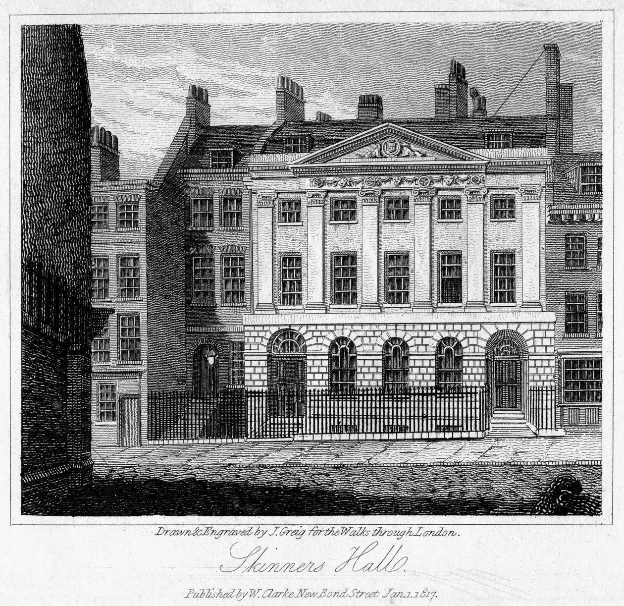 スキナーズホール、ロンドン市、1817年。 作： J・グレイグ