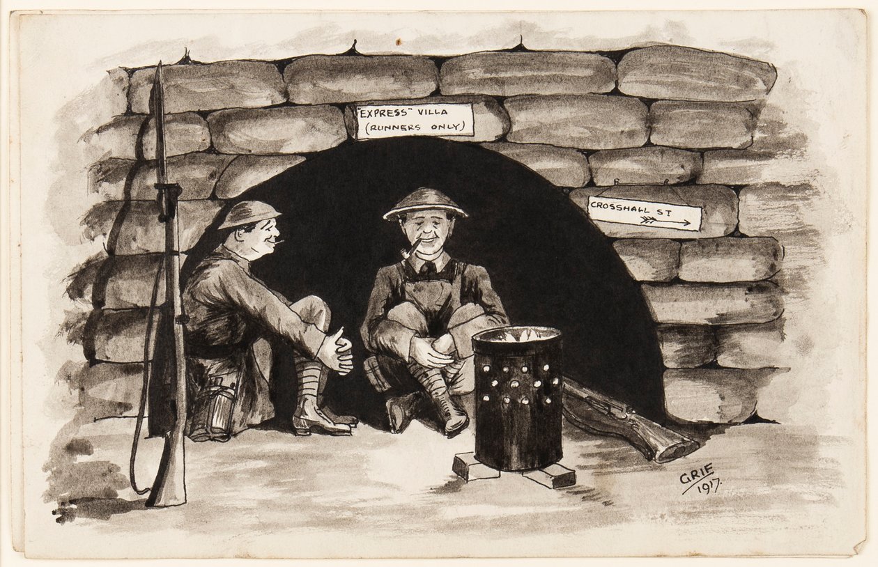 エクスプレスヴィラ（ランナーのみ）：1917年のフランスの暖かいコーナー（紙にペン、筆、インク） 作： J.グリフィス