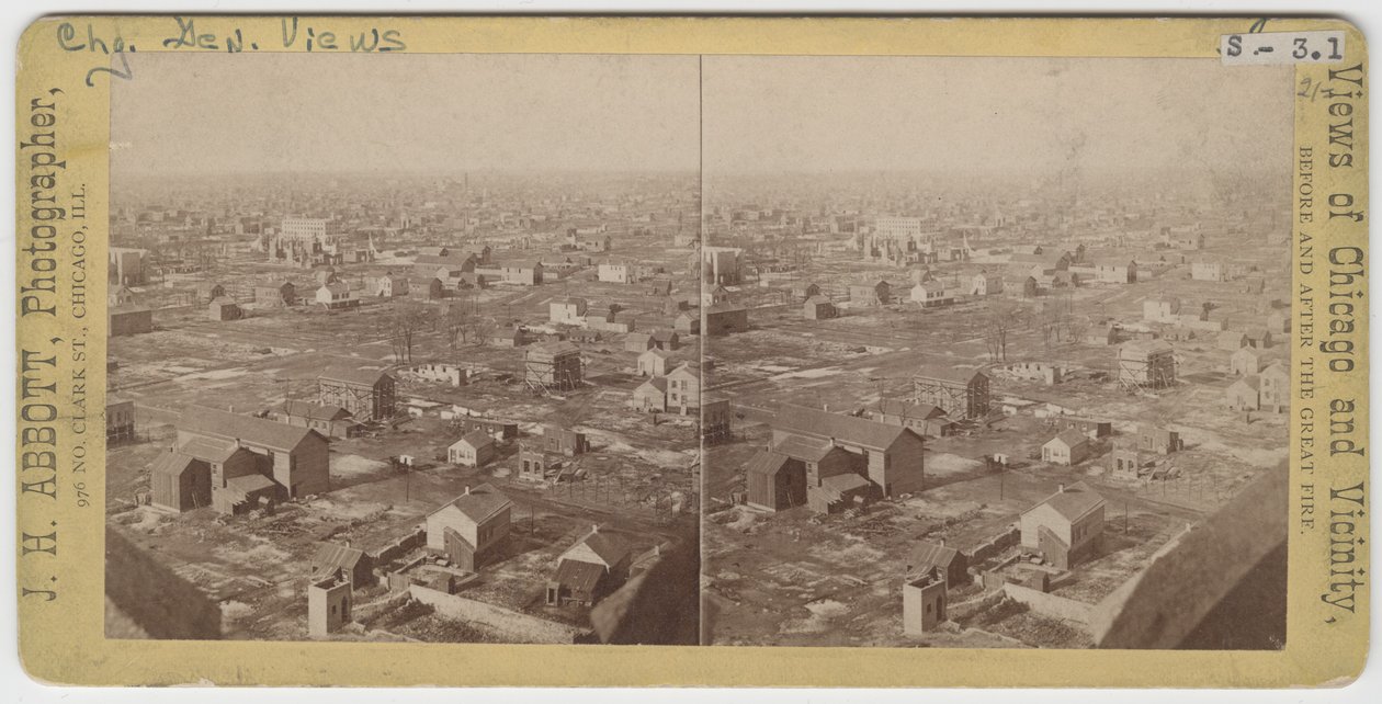 1871年、1871年のシカゴ火災後のウォータータワーからの北北西のビューのステレオグラフ（カードマウントのbw写真） 作： JHアボット