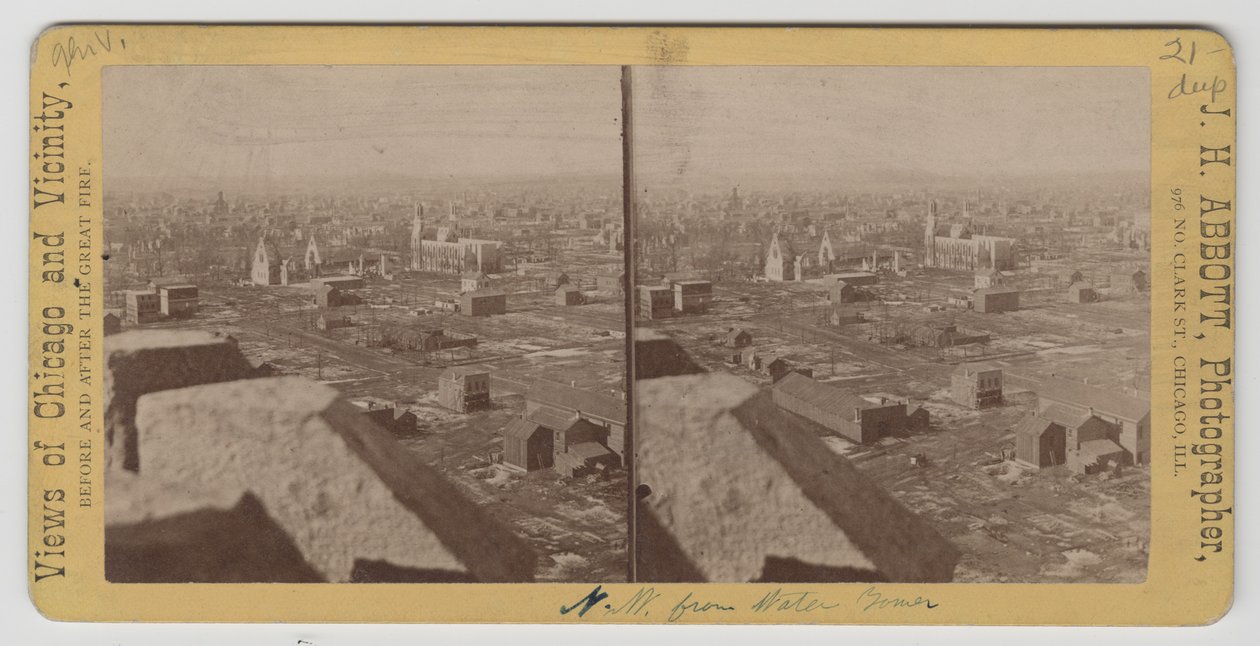 1871年のシカゴ火災後のウォータータワーから北西のビューの立体写真 作： JHアボット