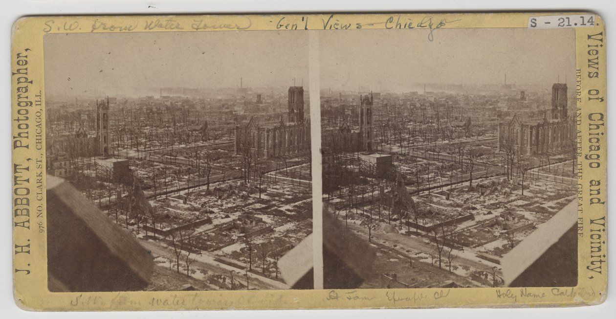 1871年のシカゴ火災後のウォータータワーから南西のビューの立体写真 作： JHアボット