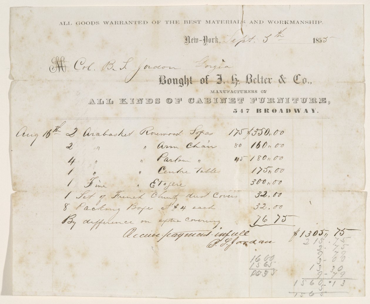 1855年9月5日、大佐BSヨルダンへの販売の請求書（紙にインク） 作： JH Belter and Co.JHベルトラーアンドカンパニー
