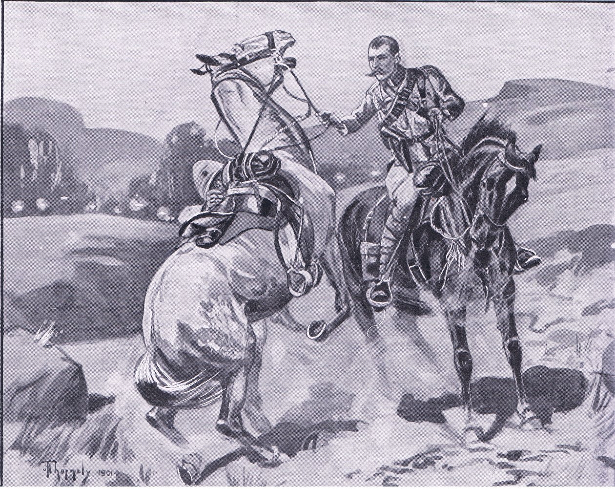 ブラウン少佐、第14 Hussars、重火の下でリートブラウンの馬を保持、イラストfromプレトリア後：ゲリラ戦争、1902 作： JHソーンリー
