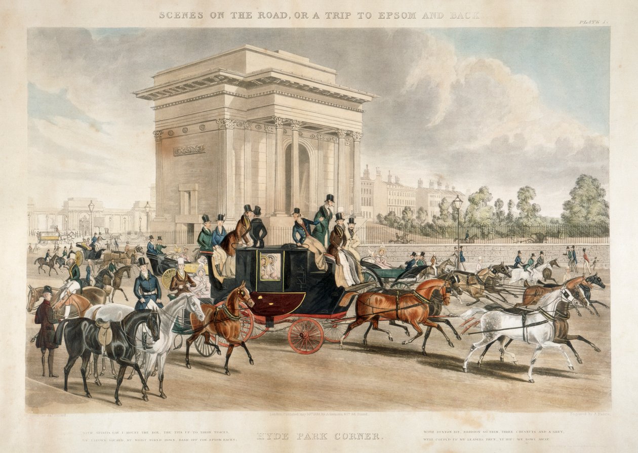 1838年、ロンドンのハイドパークコーナーに沿った馬車 作： Jハリス
