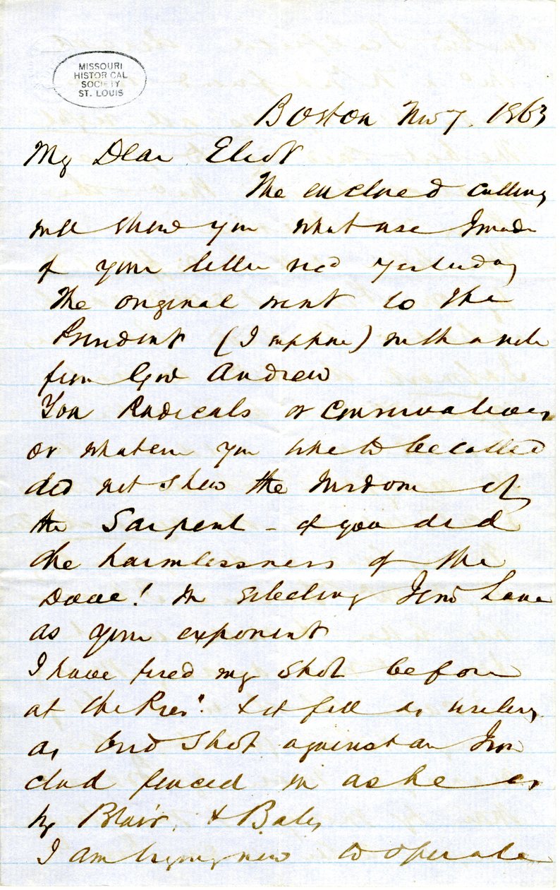 1863年11月7日、ボストンのJ.M.F.[J.M.Forbes]からエリオット[William G. Eliot]への署名入り手紙 作： JMフォーブス
