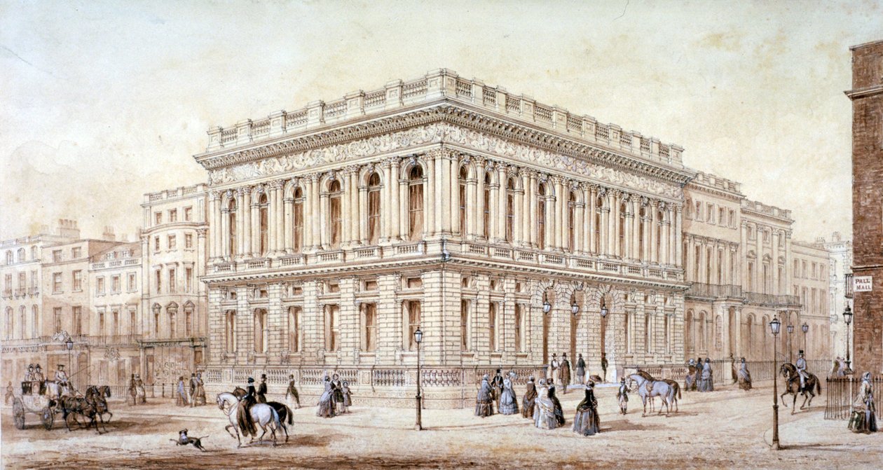 ロンドン、ウェストミンスター、ポールモールの陸軍と海軍クラブの眺め、c1853 作： Jマーチャント