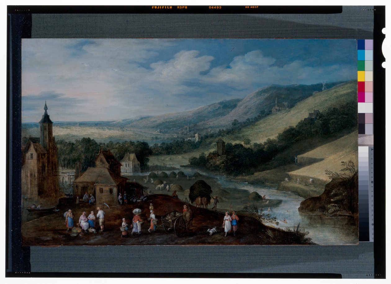 農民が収穫物を集める広大な川の風景 作： J.＆Momper J. de（1564-1635）ブリューゲル