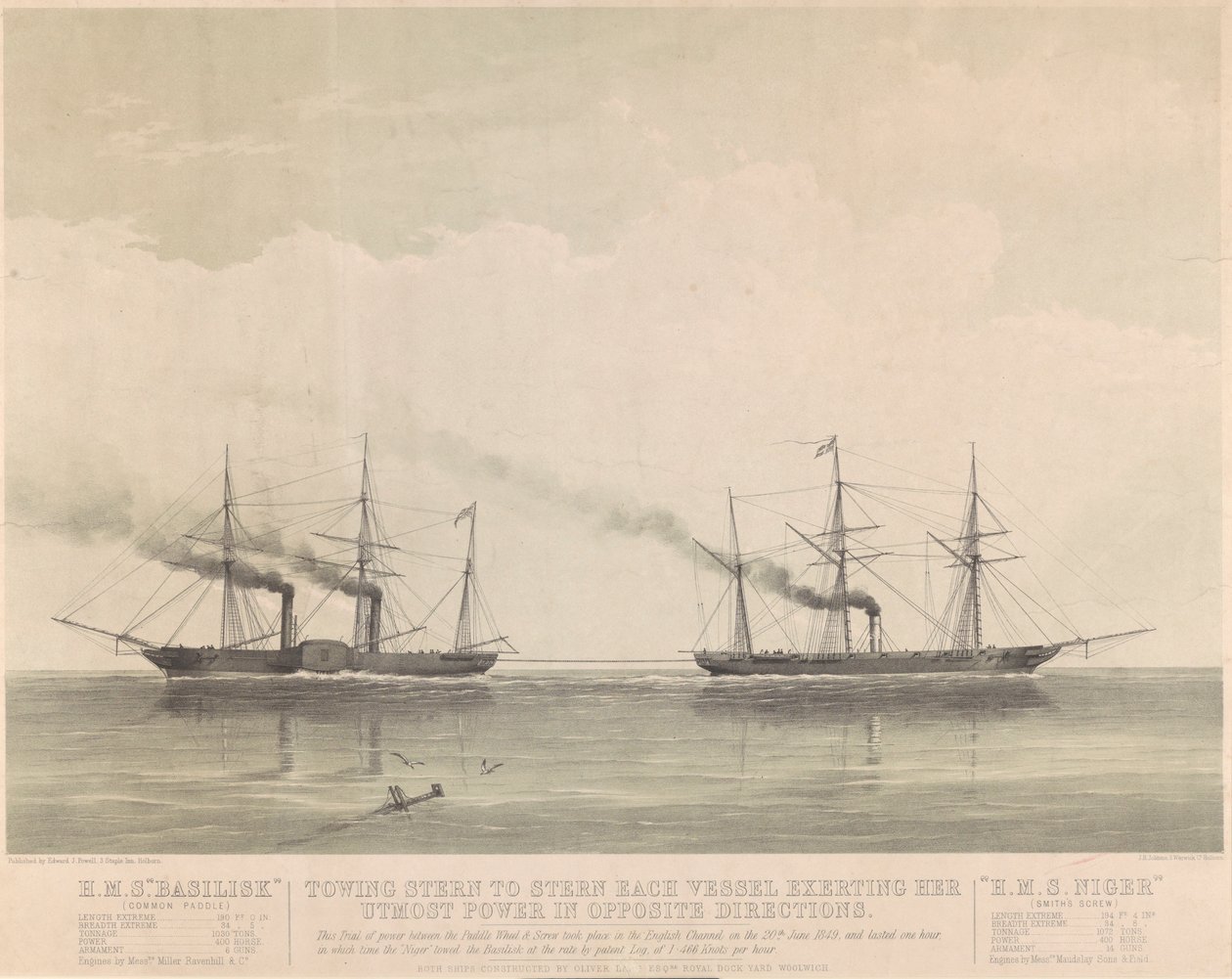 1849年6月20日のHMS「バジリスク」とHMS「ニジェール」、1849年頃（リトグラフ） 作： JRジョブビンズ