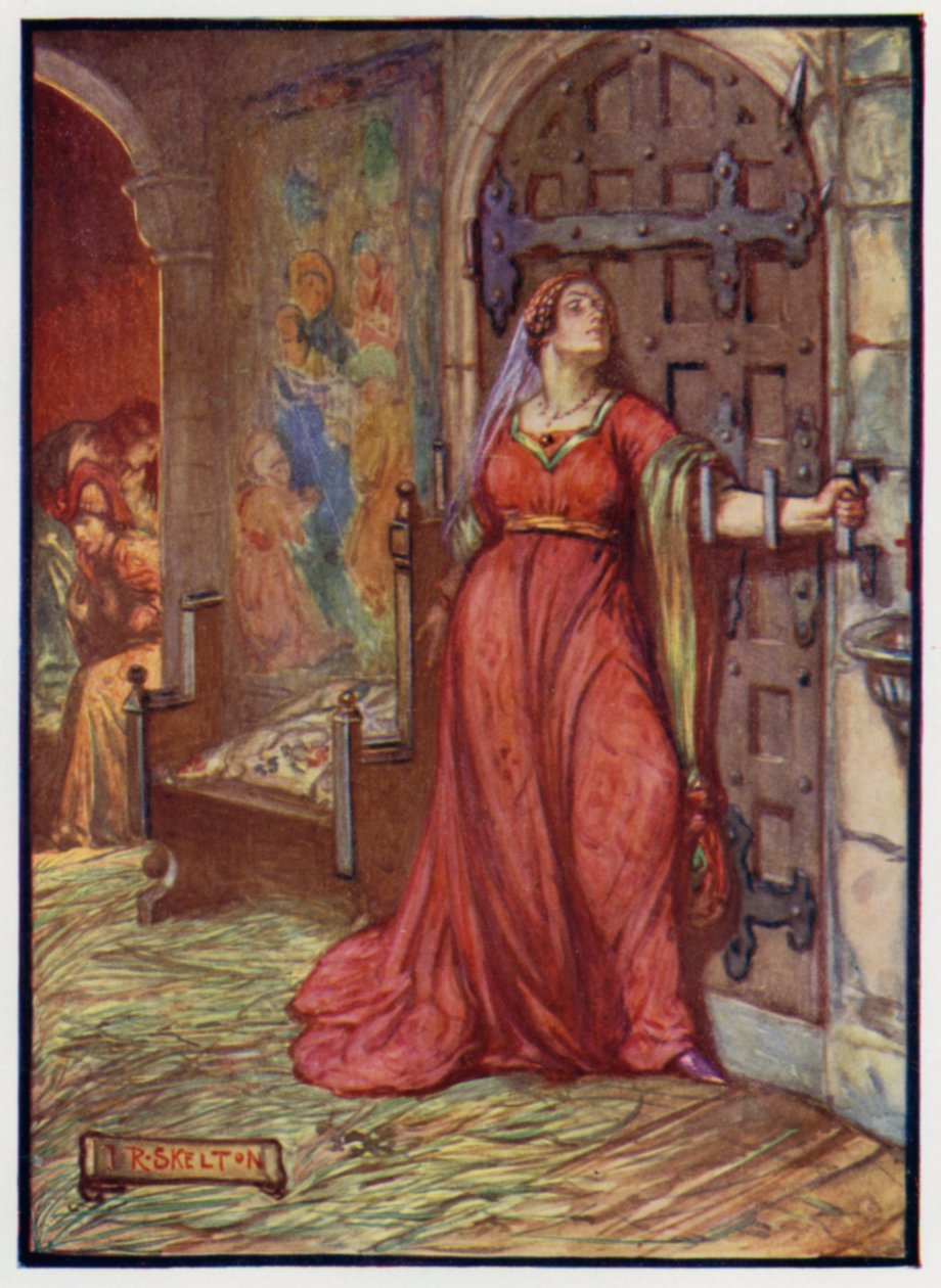 スコットランド王ジェームズ1世の王妃ジョーン・ボーフォートの侍女の一人、キャサリン・ダグラス。 作： JRスケルトン