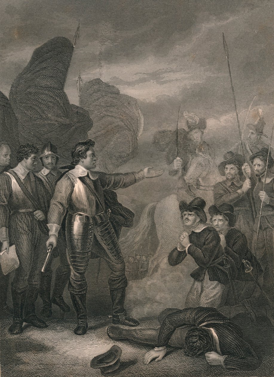 クロムウェルは19世紀半ばの陸軍の反乱、c1640年代を抑制します。 作： J.ロジャース