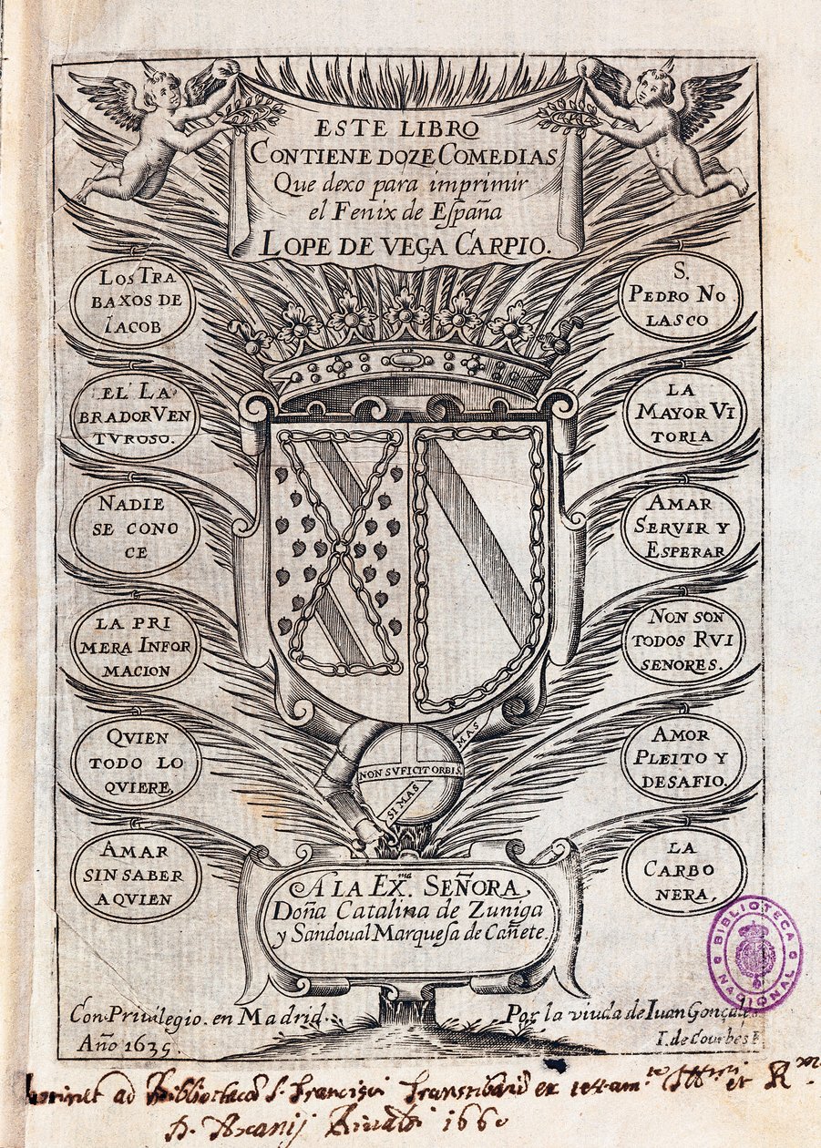ベガ・カルピオ（1562-1635）によるフェリックス・ロペの12の喜劇集のハーフタイトルページ。 作： J. デ (後) クールブ