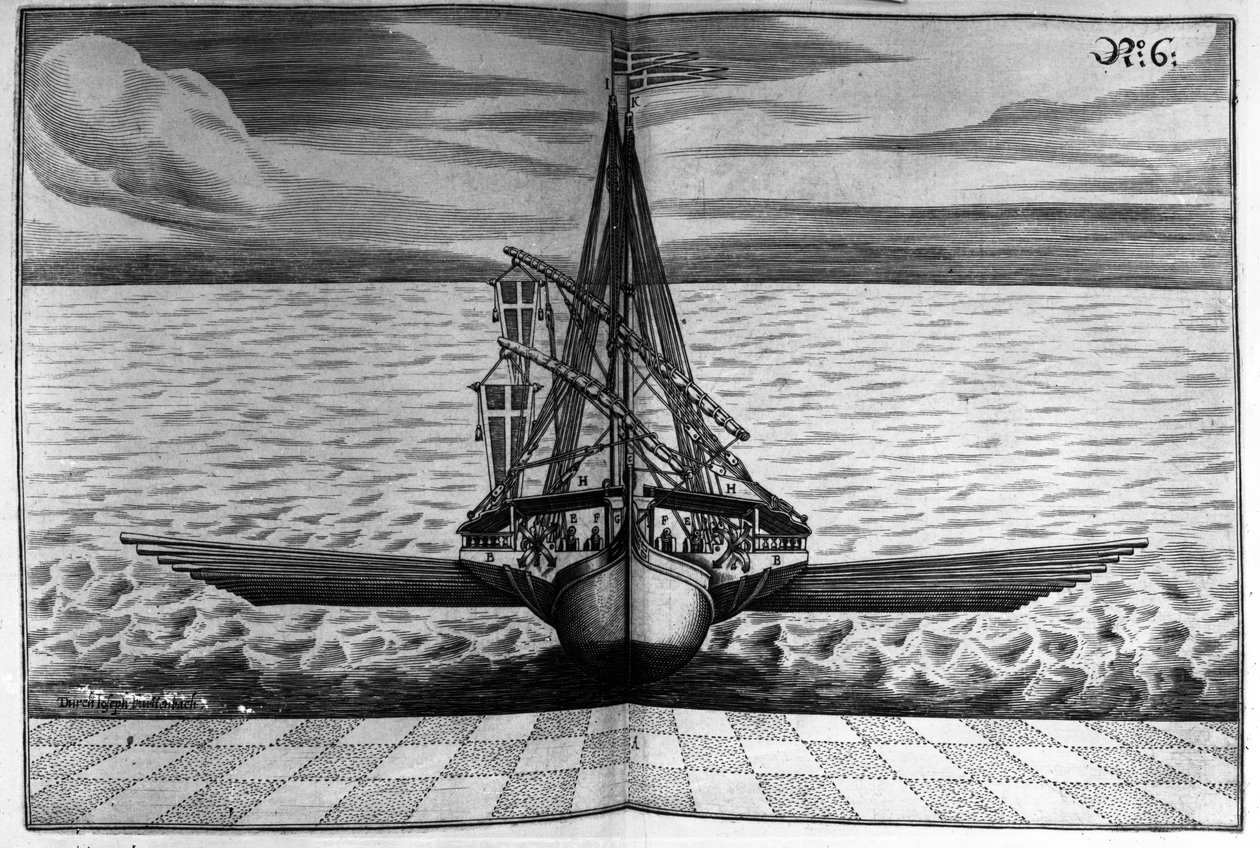 2つのマストのある軍艦の正面図、ジョセフファーテンバッハの「Architectura Martialis」のイラスト、1629年 作： ジェイコブ・クストディス