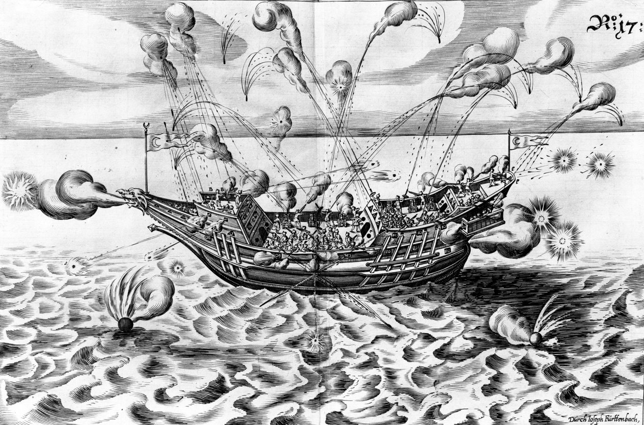 軍艦、「Architectura Martialis」のイラスト、1629年公開 作： ジェイコブ・クストディス