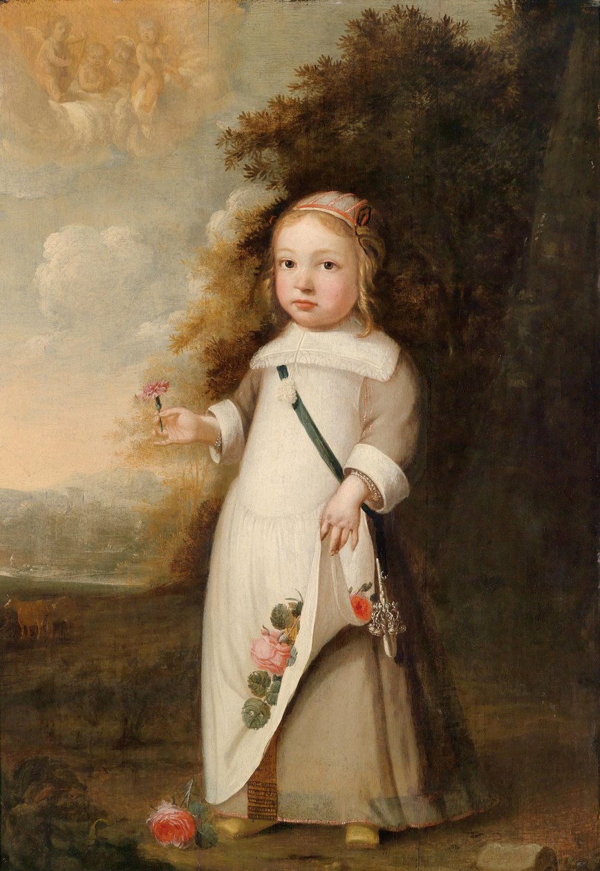 花を持つ子供の肖像画 作： ジェイコブ・ゲリッツ・キュープ
