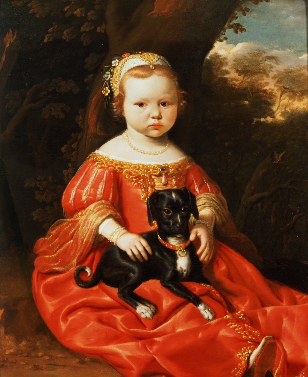犬を持つ少女の肖像画 作： ジェイコブ・ゲリッツ・キュープ