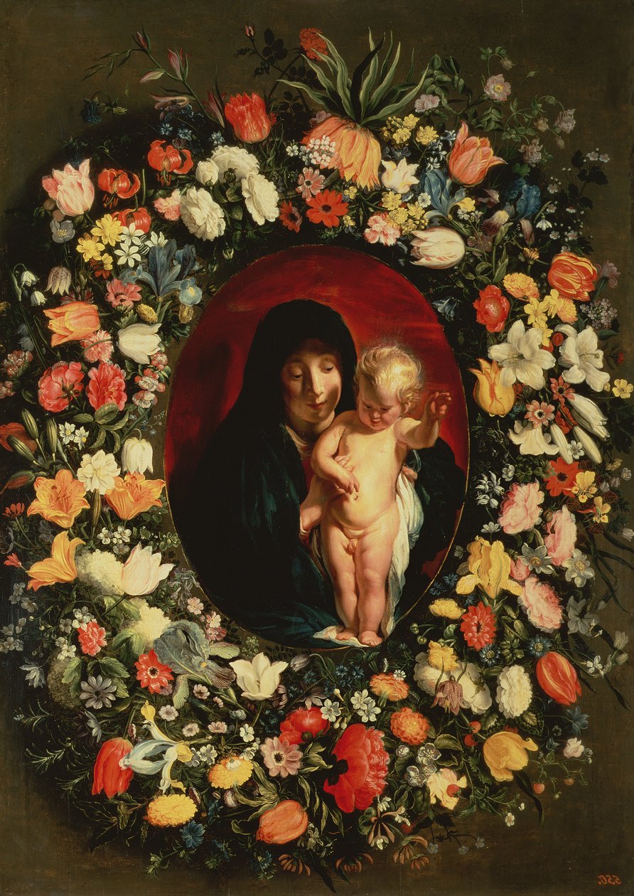 花で花輪を捧げたマドンナと子、1618年頃 作： ジェイコブ・ヨルダーンス
