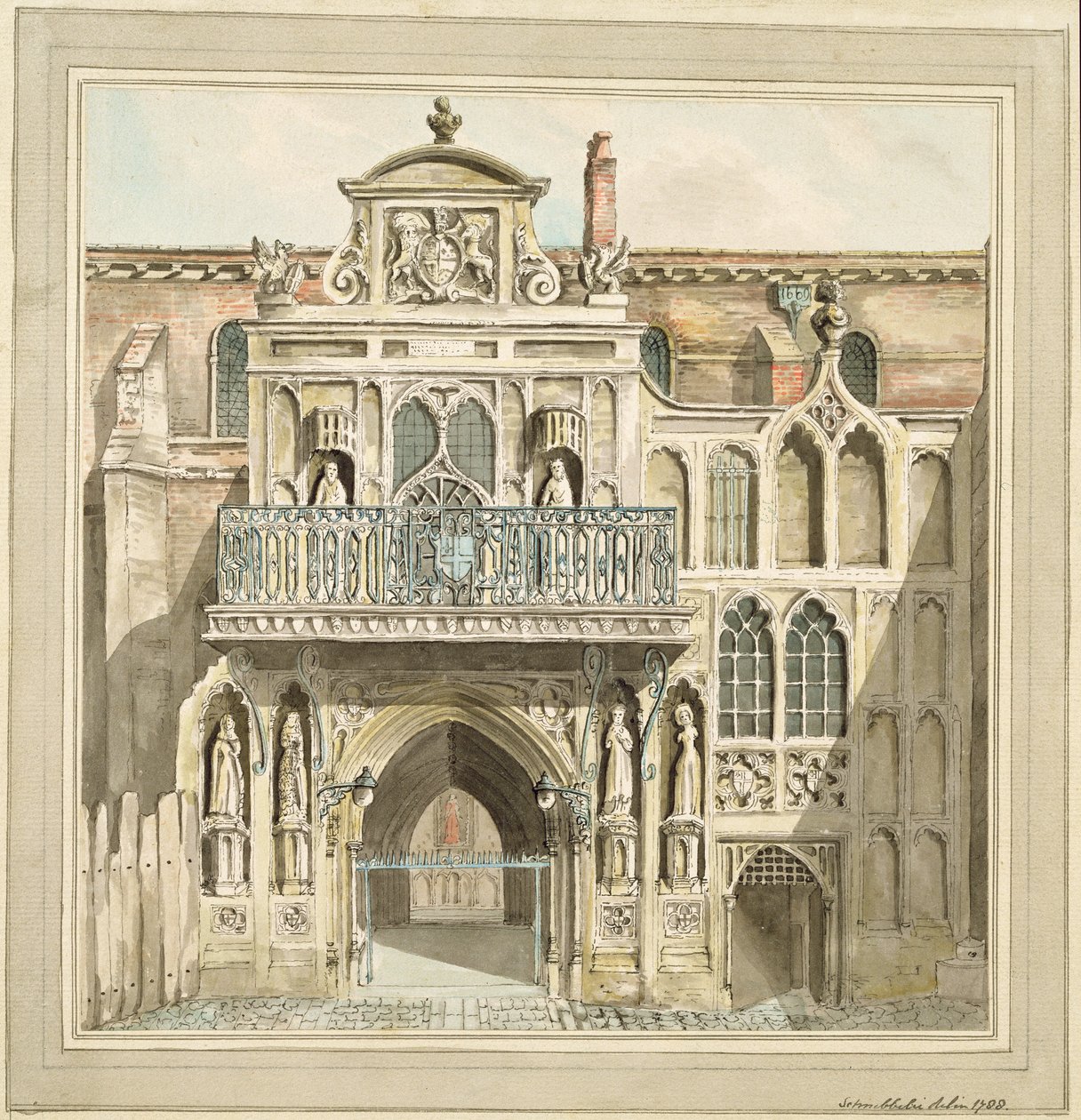 ロンドンのギルドホール、1788年の古いファサード（インクとトイレ） 作： ジェイコブ・シュネブベリ