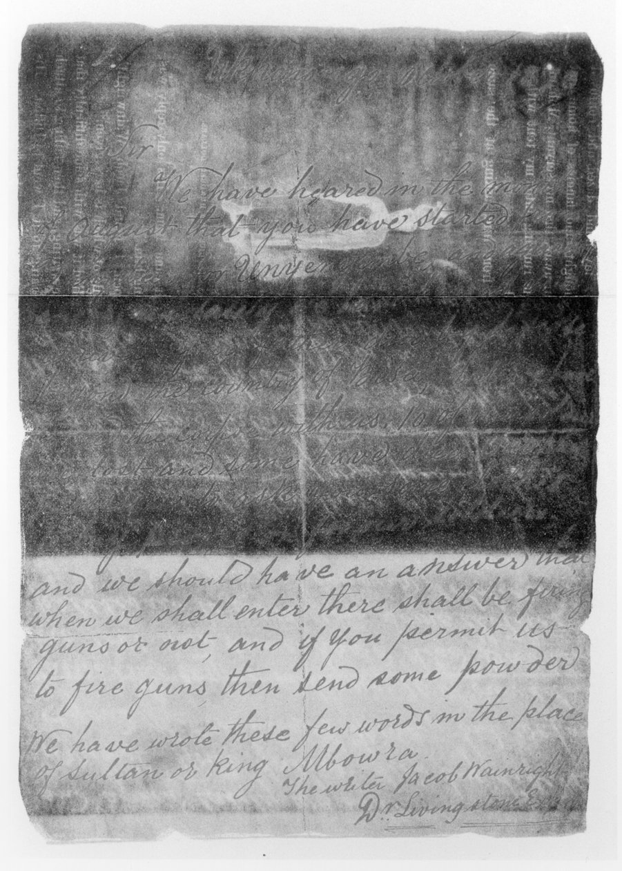 1877年にキャメロンに宛てられた手紙で、1877年に出版されたVerney Lovett CameronによるAcross Africaのボリューム1からのDavid Livingstone（1813-73）の死を報告しています（bw写真） 作： ジェイコブ・ウェインライト
