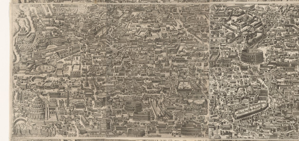 Plattegrond van Rome ten tijde van keizer Augustus (middleste blad) 古代遺跡から形成された古代都市の非常に正確な写真 廃墟となった建物の痕跡から見た古代ローマの彫像 作： ジェイコブ・ボス