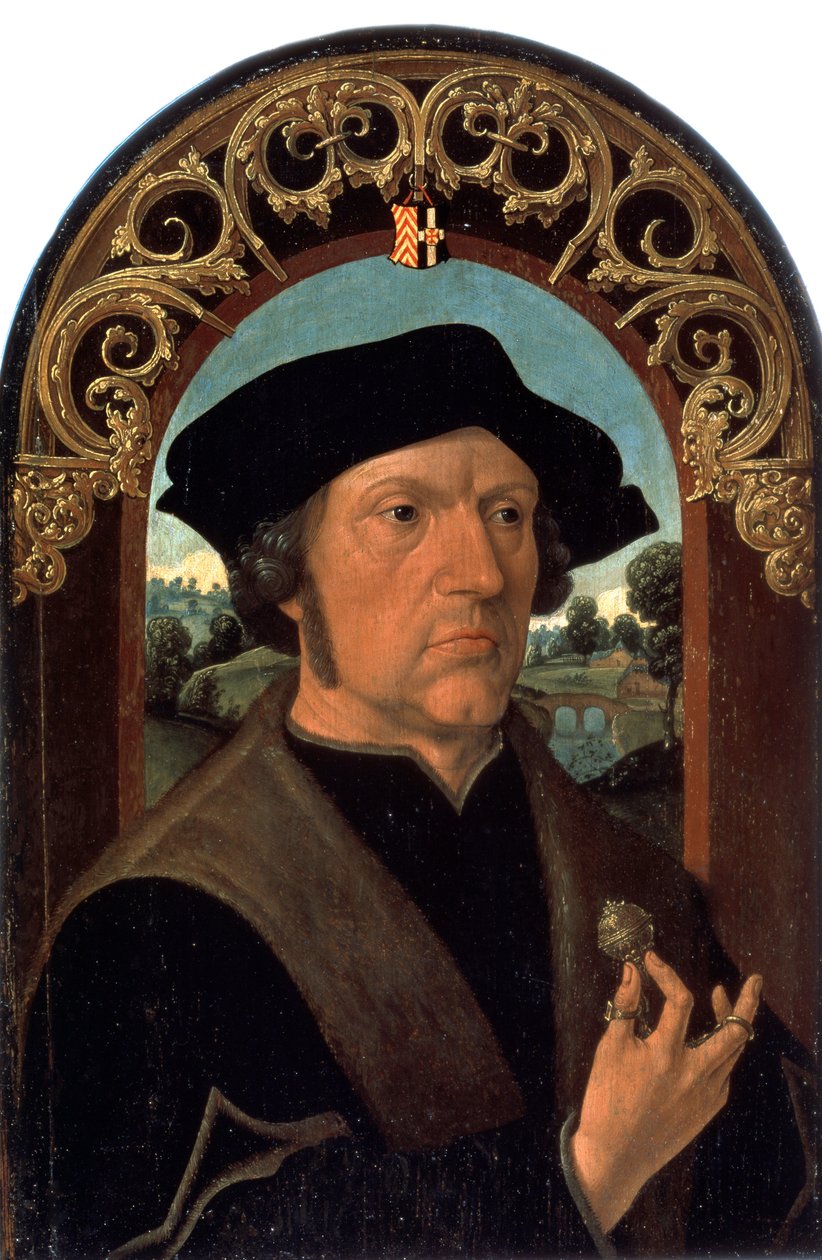 ""Portrait of a man"" (男性の肖像) 手に銀の宝石を持っているオランダのブルジョアジーの男性の肖像。 Jacob Cornelisz van Oostsanenによる絵画（1470年頃～1533年頃） エルミタージュ美術館 サンクトペテルブルク 作： ジェイコブ・コルネリス・ファン・ウースタネン