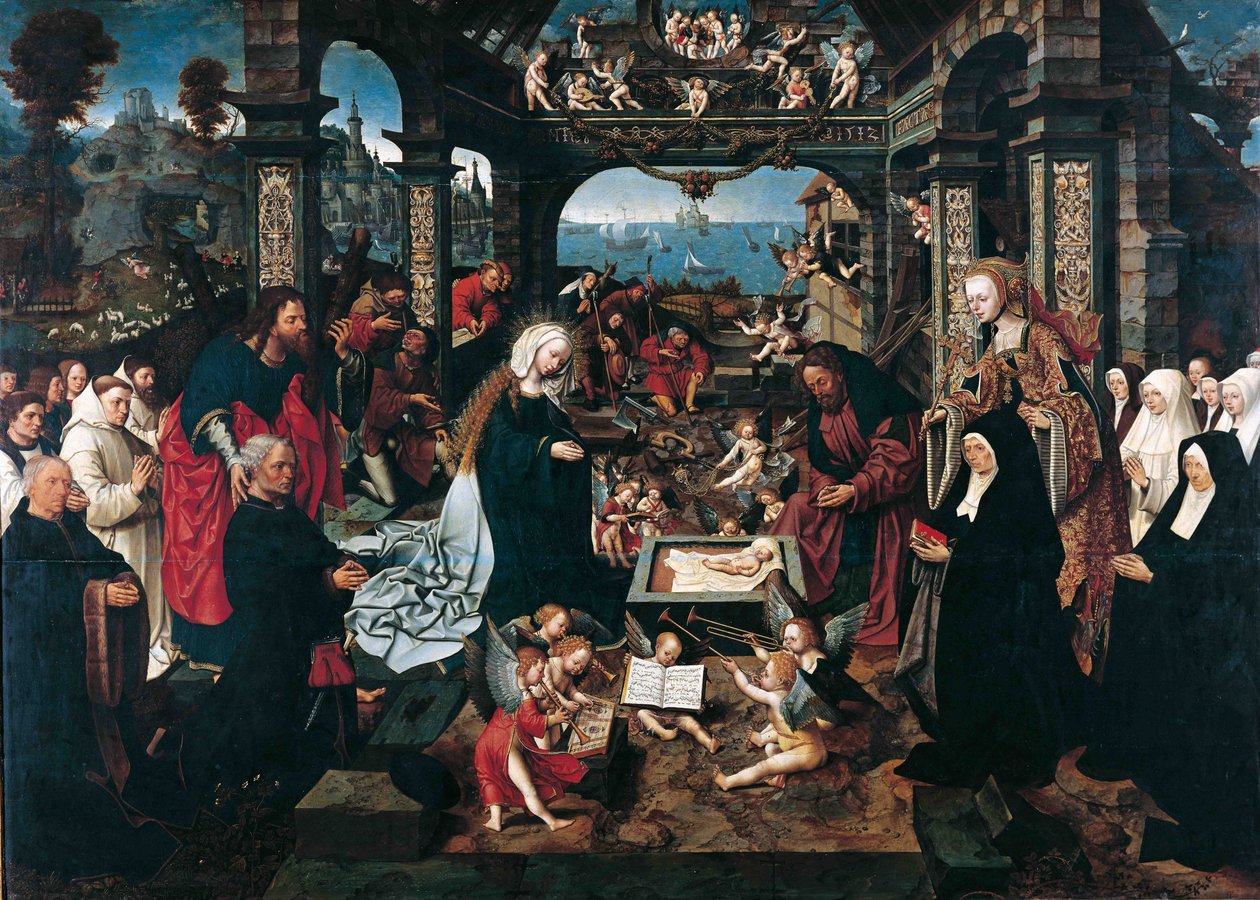 ヤコブ (Jacob Cornelisz van Amsterdam) (ca. 1470-1533) によるキリストの降誕。 木に油彩 作： ジェイコブ・コルネリス・ファン・ウースタネン