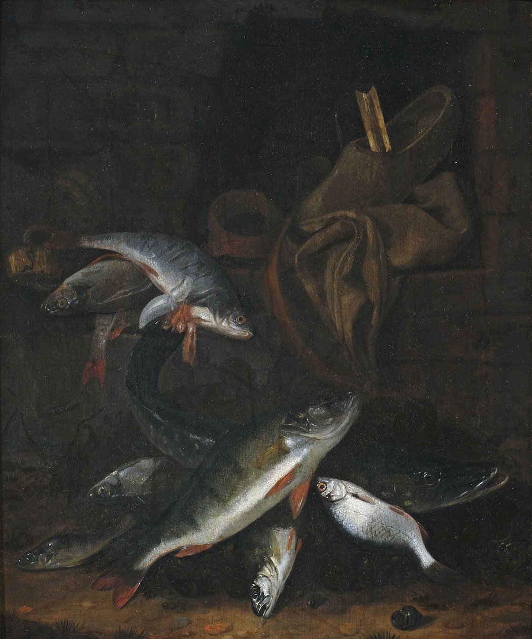 壁に描かれたカマスと鯛の魚の静物画 作： ジェイコブ・ギリグ