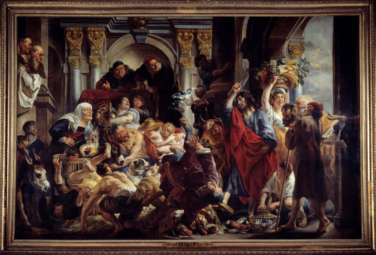 神殿から商人を追いかけるイエス ジェイコブ・ヨルダーンス（1593-1678）の絵画 17世紀 日.2.88 x 4.36 m. 。 作： ジェイコブ・ヨルダーンス