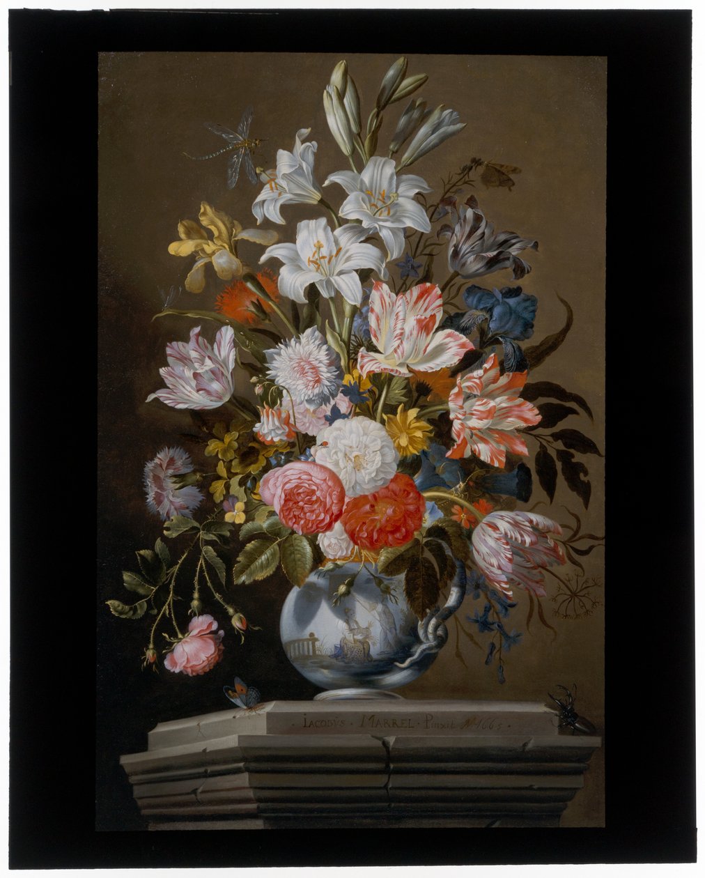 台座に置かれた磁器の花瓶に入ったチューリップ、カーネーション、その他の花の静物画 作： ジェイコブ・マレル