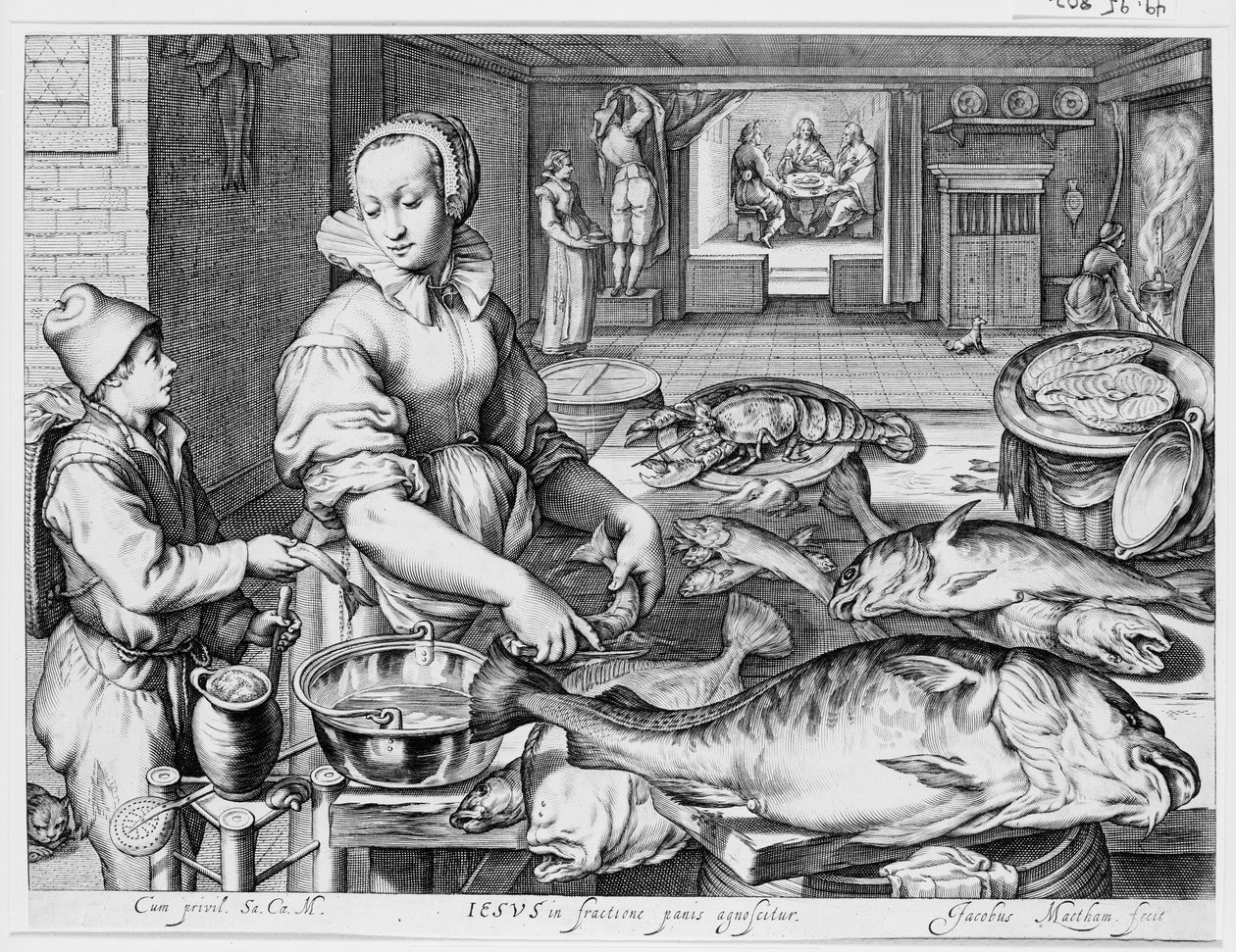 魚を調理する台所女中のいる台所の場面、背景のエマオのキリスト、背景に聖書場面を配した『台所と市場の場面』より 作： ジェイコブ・マサム