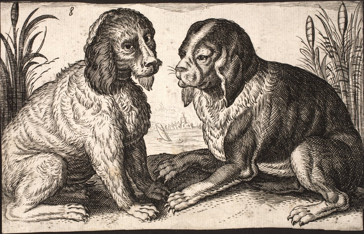 湖畔の 2 匹の犬 作： ジェイコブ・マサム