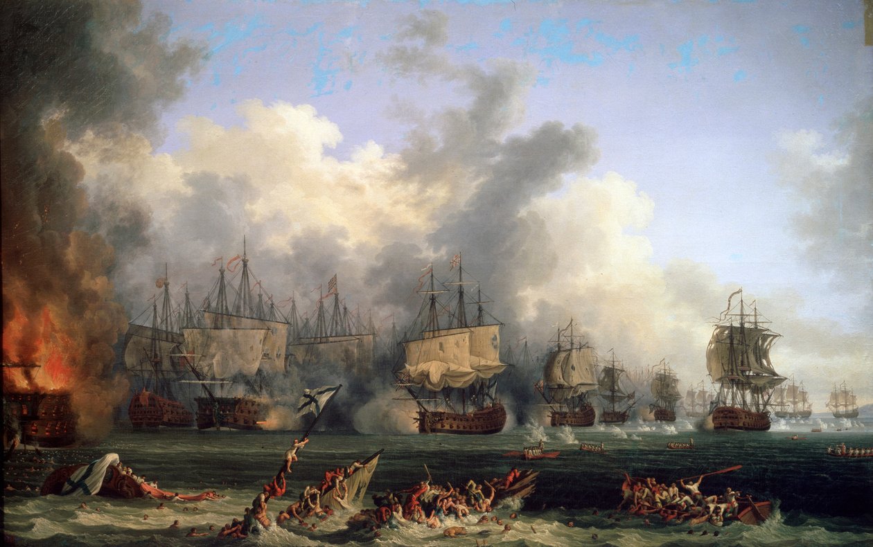 1771年、チェスマ海軍の戦いにおけるロシアの戦艦聖エブスタフィウスの沈没。 作： ジェイコブフィリップハッカート