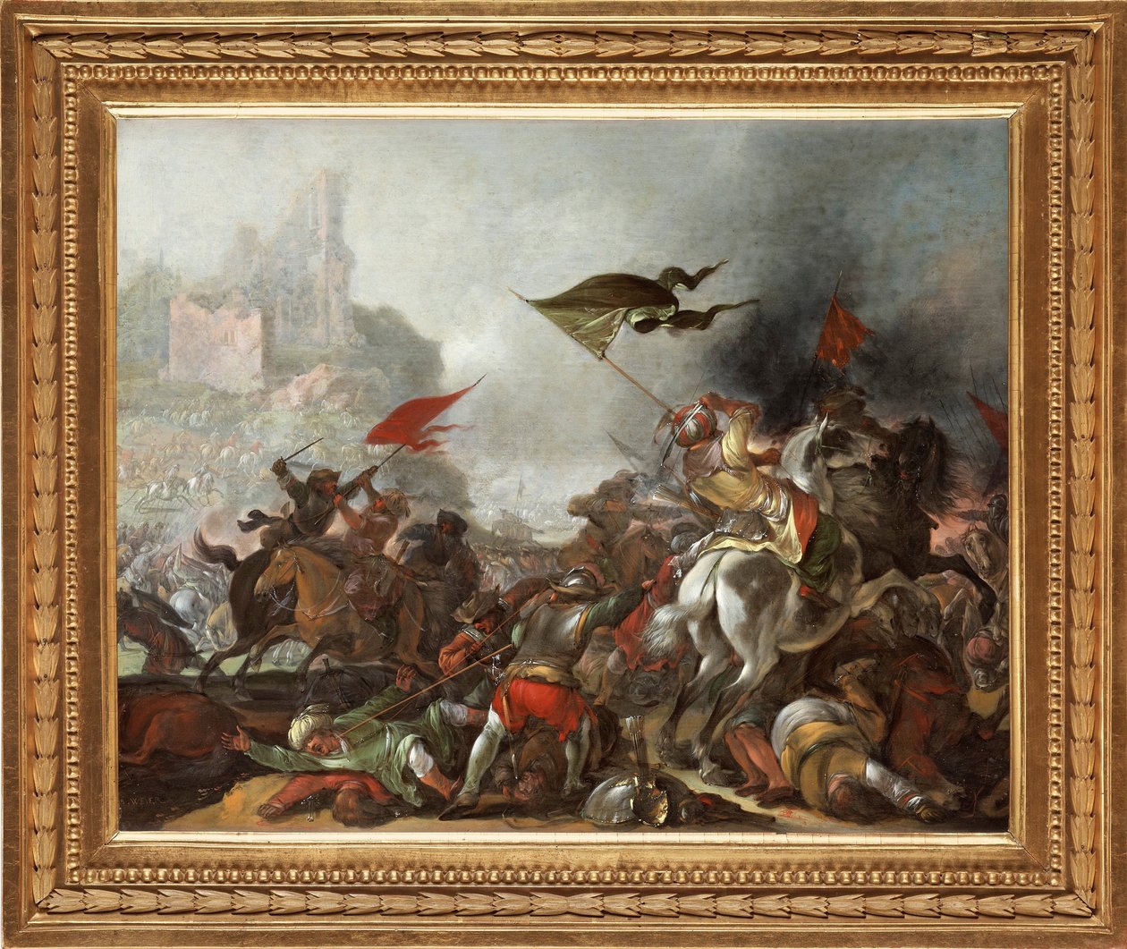 1453年のオスマン軍によるコンスタンティノープルの占領中のトルコ人とキリスト教徒の間の戦い - ヤコブ・マティアス・ウェイエルによる絵画 (1620-1670)、木に油彩 (39x49 cm) - トルコ戦争、ヤコブ・マティアス・ウェイエルによる木に油彩 - 個人蔵 作： ジェイコブ・ワイアー