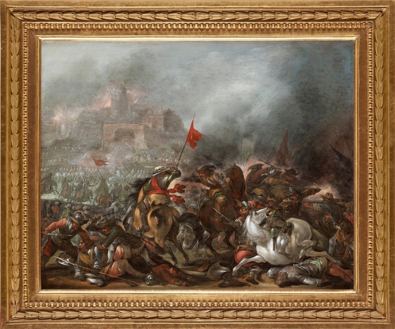 1453年のオスマン軍によるコンスタンティノープルの占領中のトルコ人とキリスト教徒の間の戦い - ヤコブ・マティアス・ウェイエルによる絵画 (1620-1670)、木に油彩 (39x49 cm) - トルコ戦争、ヤコブ・マティアス・ウェイエルによる木に油彩 - 個人蔵 作： ジェイコブ・ワイアー