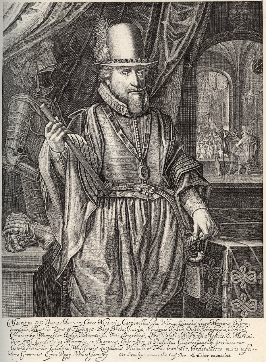 ナッソー伯爵、オレンジ公爵モーリス・ド・ナッソー（1567-1625）の肖像。ウィレム・ヤコブス・デルフ（1580-1638）によるエングレーヴィング 17世紀 作： ジェイコブ・ウィレムズ・デルフ